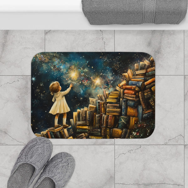 A Curious Child Reaching for the Stars with Books A — 61×43 Memory Foam Bath Mat — Modern Bathroom Floor Lifestyle View