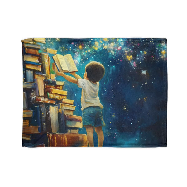 A Curious Child Reaching for the Stars with Books A — 50×60 Plush Throw Blanket — Full Spread Plush Fleece Artwork View