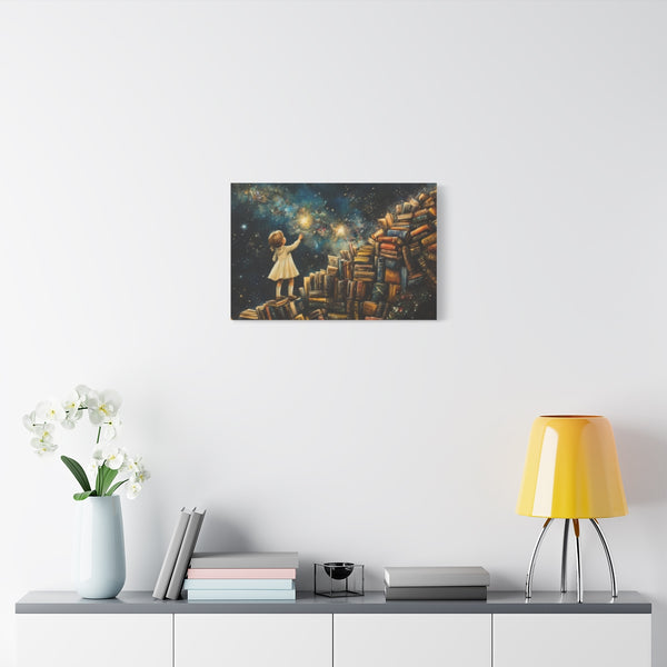 A Curious Child Reaching for the Stars with Books A (Edition VI) — 24×16 Canvas Wall Art — Living Room Wall Lifestyle View