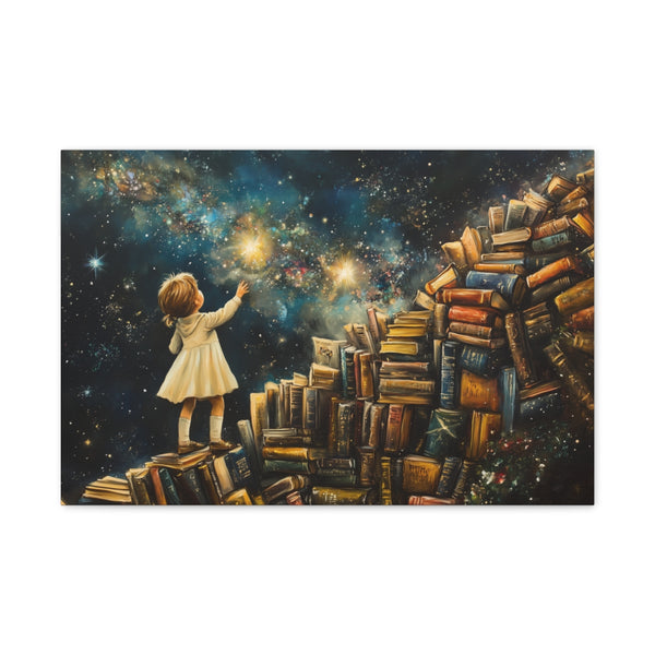 A Curious Child Reaching for the Stars with Books A (Edition VI) — 24×16 Canvas Wall Art — Front Gallery-Wrapped Canvas View