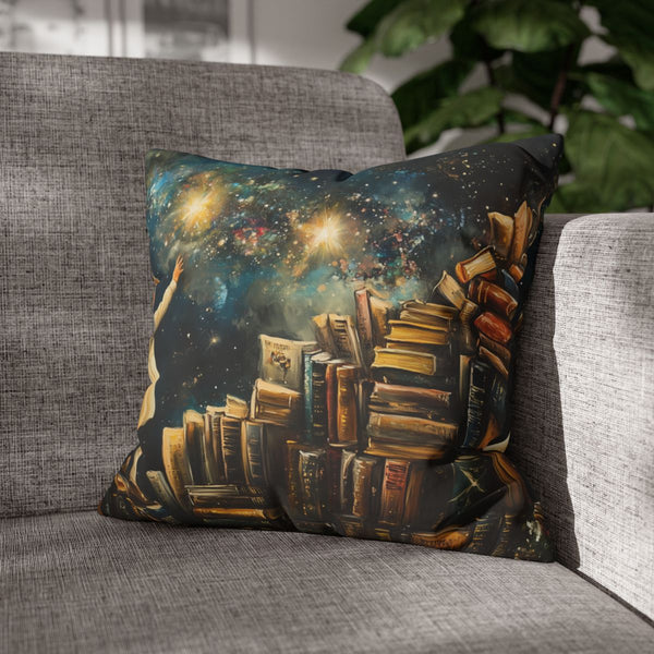A Curious Child Reaching for the Stars with Books A — 40×40 Cushion Cover — Sofa & Armchair Living Room Lifestyle View