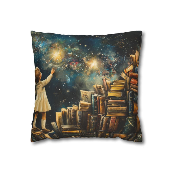 A Curious Child Reaching for the Stars with Books A (Edition VII) — 40×40 Cushion Cover — Front 40×40 cm Square Cushion View