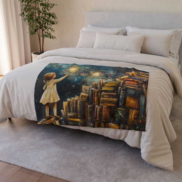 A Curious Child Reaching for the Stars with Books A — 50×60 Plush Throw Blanket — Draped Over Sofa & Bed Lifestyle View