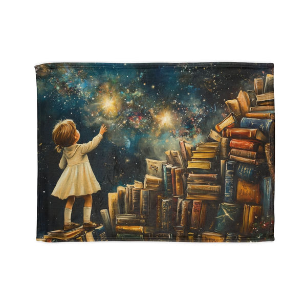A Curious Child Reaching for the Stars with Books A — 50×60 Plush Throw Blanket — Full Spread Plush Fleece Artwork View