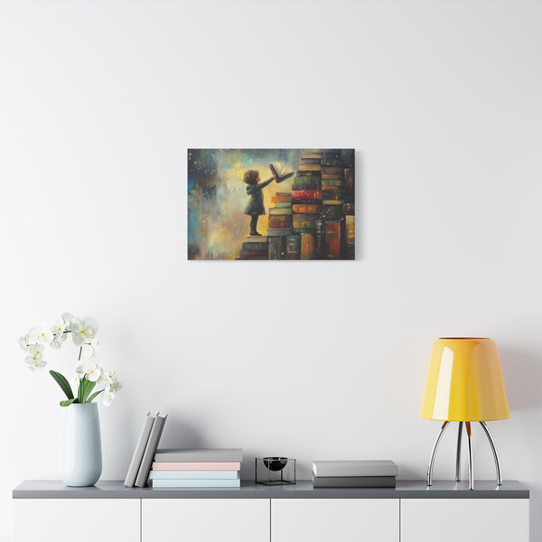 A Curious Child Reaching for the Stars with Books a (Edition VII) — Stretched Canvas Wall Art — Living Room Wall Lifestyle View