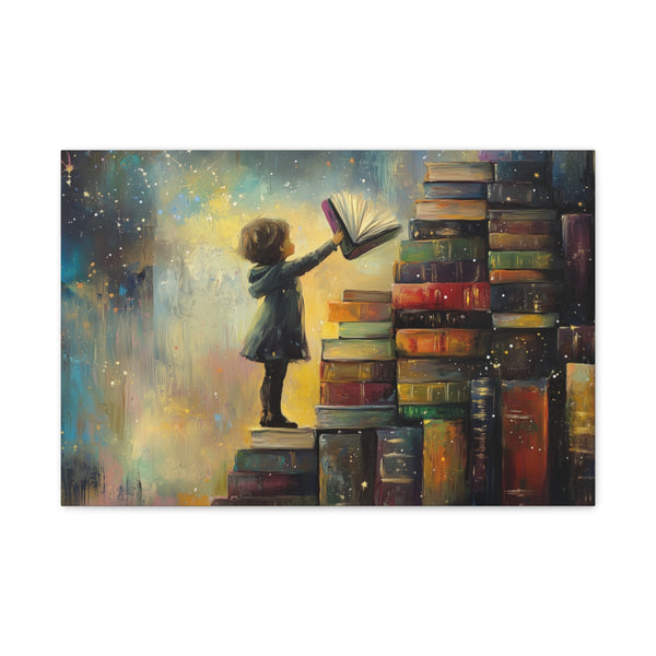 A Curious Child Reaching for the Stars with Books a (Edition VII) — 24×16 Canvas Wall Art — Front Gallery-Wrapped Canvas View