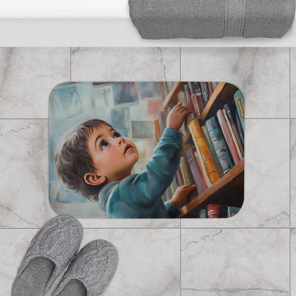 A Curious Child Reaching for the Stars with Books A — 61×43 Memory Foam Bath Mat — Modern Bathroom Floor Lifestyle View