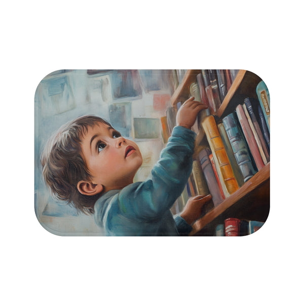 A Curious Child Reaching for the Stars with Books A — 61×43 Memory Foam Bath Mat — Top-Down Velvet Microfibre Artwork View
