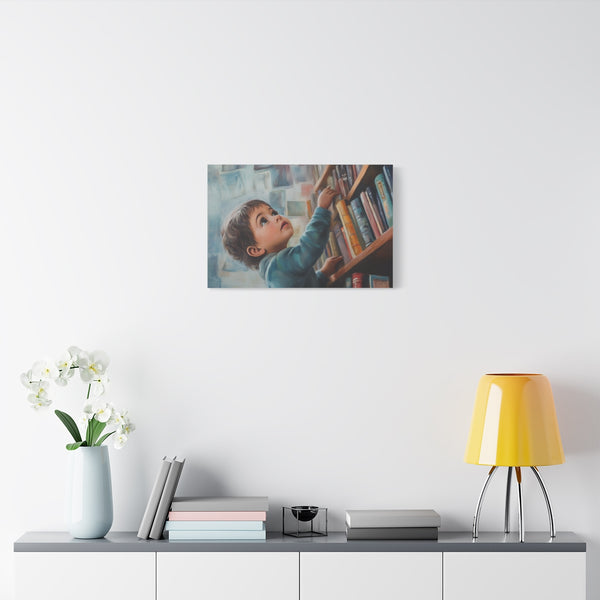 A Curious Child Reaching for the Stars with Books a (Edition VIII) — Stretched Canvas Wall Art — Living Room Wall Lifestyle View