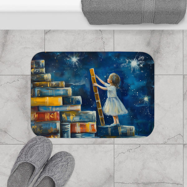A Curious Child Reaching for the Stars with Books A — 61×43 Memory Foam Bath Mat — Modern Bathroom Floor Lifestyle View