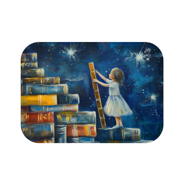 A Curious Child Reaching for the Stars with Books A — 61×43 Memory Foam Bath Mat — Top-Down Velvet Microfibre Artwork View