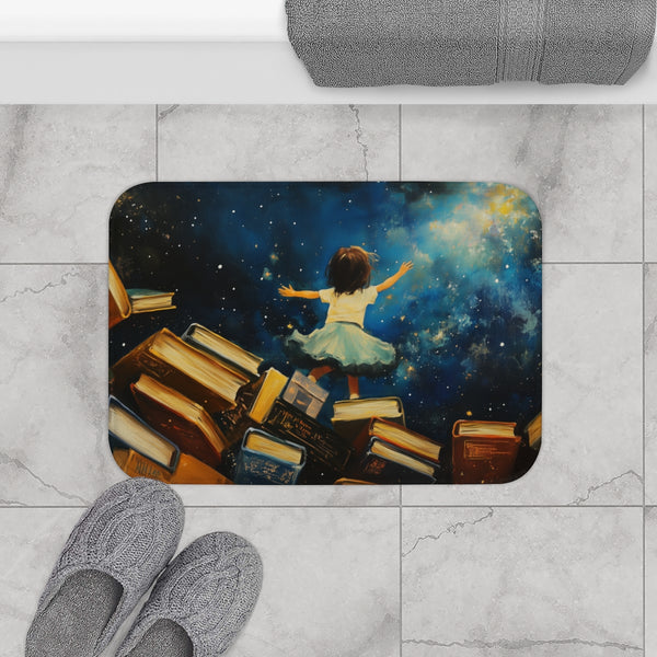 A Curious Child Reaching for the Stars with Books A — 61×43 Memory Foam Bath Mat — Modern Bathroom Floor Lifestyle View