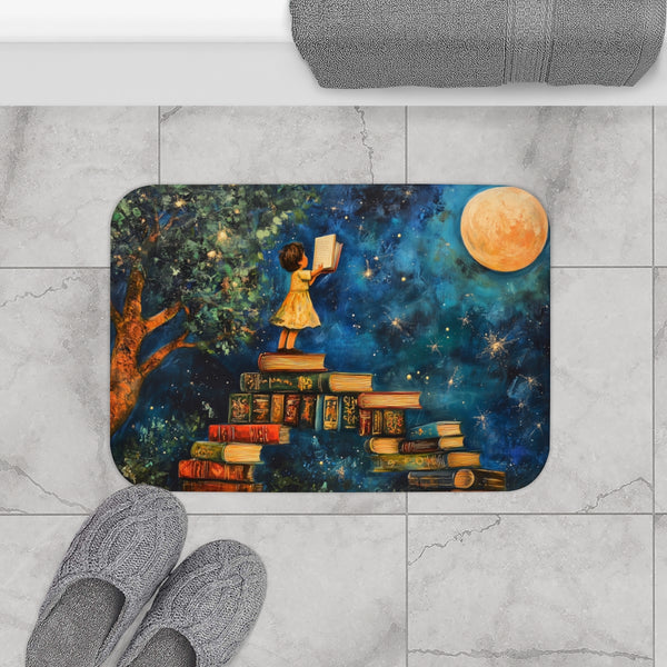 A Curious Child Reaching for the Stars with Books A — 61×43 Memory Foam Bath Mat — Modern Bathroom Floor Lifestyle View