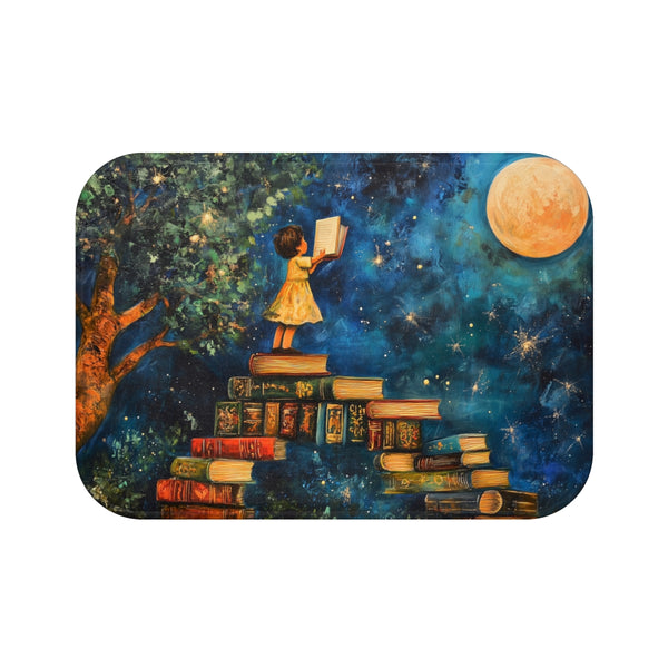 A Curious Child Reaching for the Stars with Books A — 61×43 Memory Foam Bath Mat — Top-Down Velvet Microfibre Artwork View