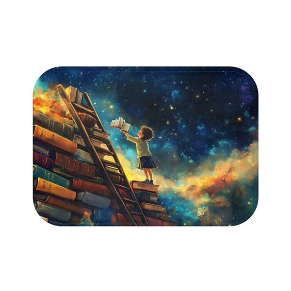 A Curious Child Reaching for the Stars with Books A — 61×43 Memory Foam Bath Mat — Top-Down Velvet Microfibre Artwork View