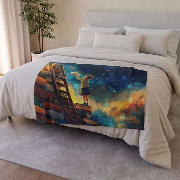 A Curious Child Reaching for the Stars with Books A — 50×60 Plush Throw Blanket — Draped Over Sofa & Bed Lifestyle View