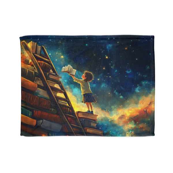 A Curious Child Reaching for the Stars with Books A — 50×60 Plush Throw Blanket — Full Spread Plush Fleece Artwork View