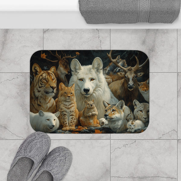 A Diverse Group of Animals Living in Harmony with N — 61×43 Memory Foam Bath Mat — Modern Bathroom Floor Lifestyle View