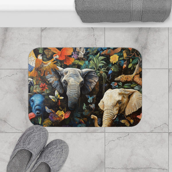 A Diverse Group of Animals Living in Harmony with N — 61×43 Memory Foam Bath Mat — Modern Bathroom Floor Lifestyle View