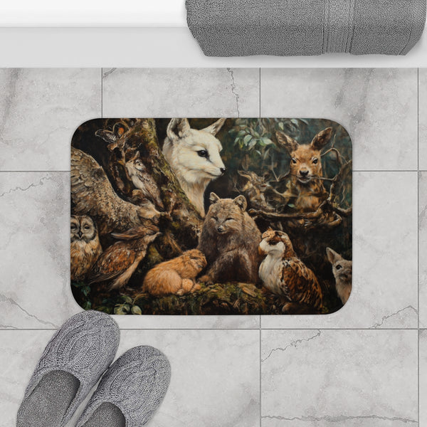 A Diverse Group of Animals Living in Harmony with N — 61×43 Memory Foam Bath Mat — Modern Bathroom Floor Lifestyle View