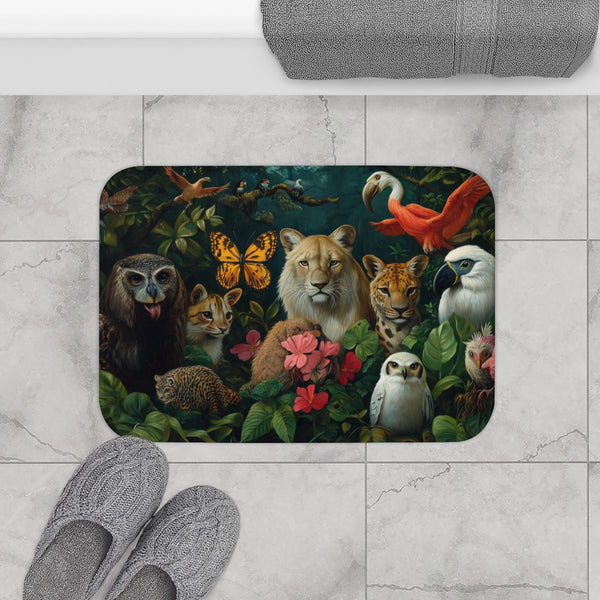 A Diverse Group of Animals Living in Harmony with N — 61×43 Memory Foam Bath Mat — Modern Bathroom Floor Lifestyle View