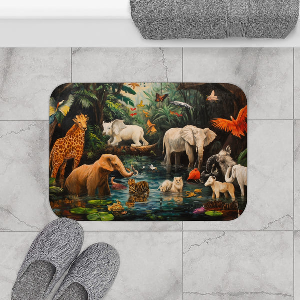 A Diverse Group of Animals Living in Harmony with N — 61×43 Memory Foam Bath Mat — Modern Bathroom Floor Lifestyle View