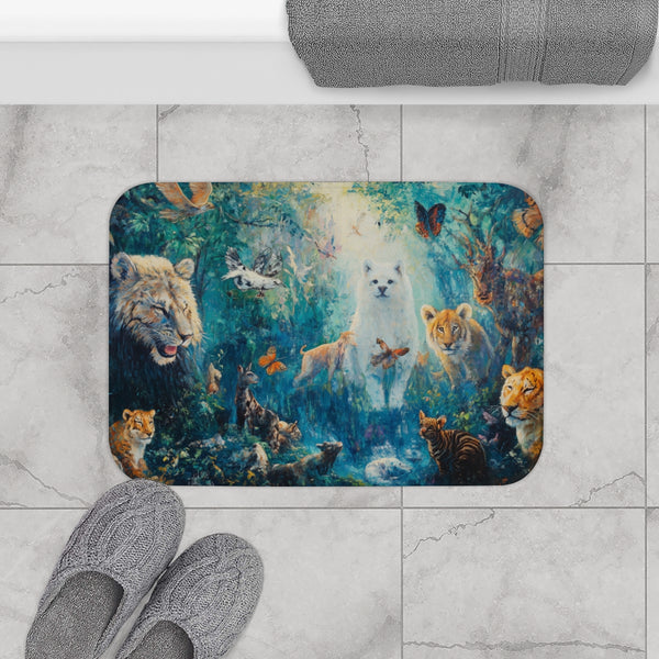 A Diverse Group of Animals Living in Harmony with N (Edition VIII) — Memory Foam Bath Mat — Modern Bathroom Floor Lifestyle View