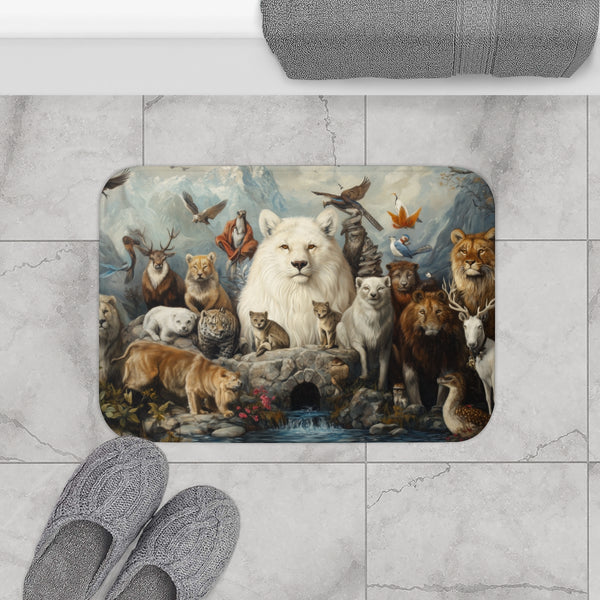 A Diverse Group of Animals Living in Harmony with N — Memory Foam Bath Mat — Modern Bathroom Floor Lifestyle View