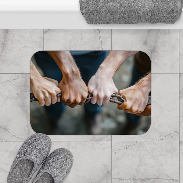 A Diverse Group of People Hand in Hand Breaking Cha — 61×43 Memory Foam Bath Mat — Modern Bathroom Floor Lifestyle View