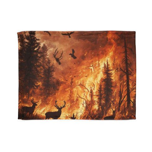 Dramatic Wildfire & Forest Wildlife (Edition II) — 50×60 Plush Throw Blanket — Full Spread Plush Fleece Artwork View
