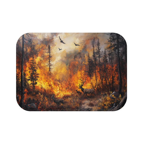 Dramatic Wildfire & Forest Wildlife (Edition III) — 61×43 Memory Foam Bath Mat — Top-Down Velvet Microfibre Artwork View