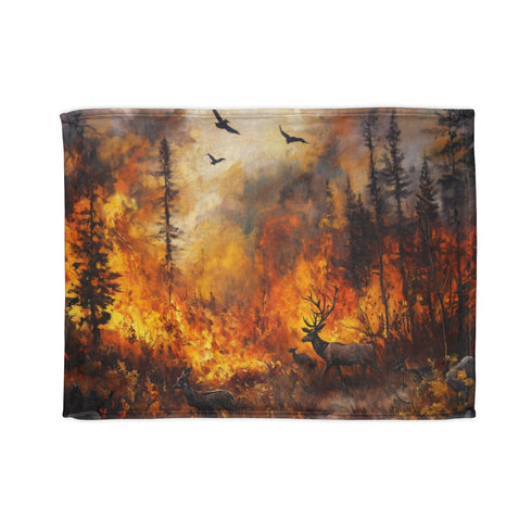 Dramatic Wildfire & Forest Wildlife (Edition III) — 50×60 Plush Throw Blanket — Full Spread Plush Fleece Artwork View
