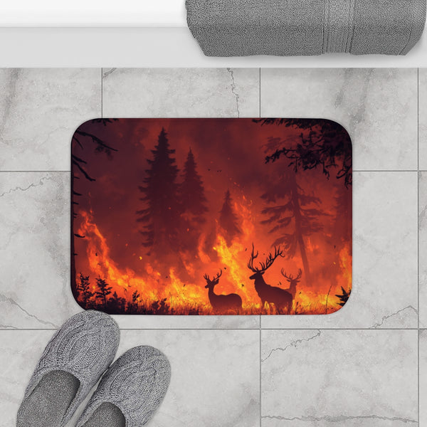 Dramatic Wildfire & Forest Wildlife (Edition V) — 61×43 Memory Foam Bath Mat — Modern Bathroom Floor Lifestyle View