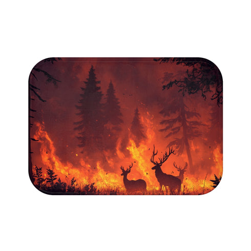 Dramatic Wildfire & Forest Wildlife (Edition V) — 61×43 Memory Foam Bath Mat — Top-Down Velvet Microfibre Artwork View