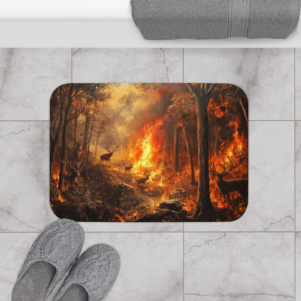 Dramatic Wildfire & Forest Wildlife (Edition VI) — 61×43 Memory Foam Bath Mat — Modern Bathroom Floor Lifestyle View