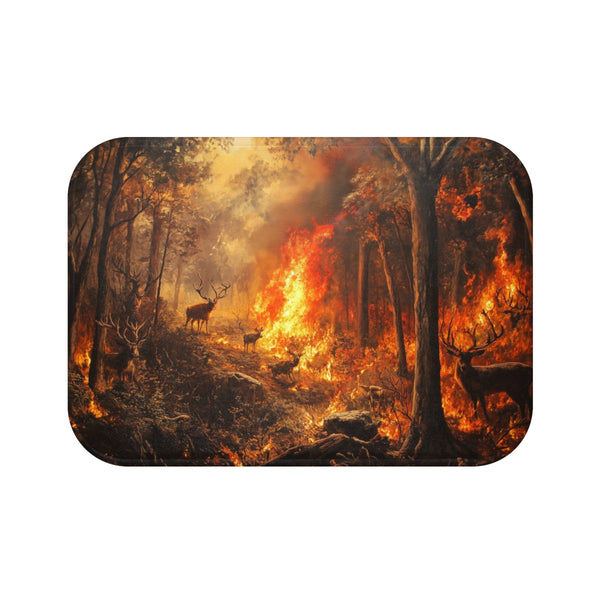 Dramatic Wildfire & Forest Wildlife (Edition VI) — 61×43 Memory Foam Bath Mat — Top-Down Velvet Microfibre Artwork View