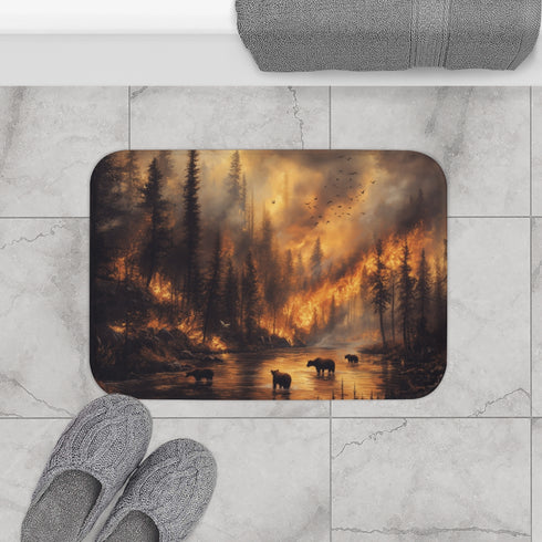 Dramatic Wildfire & Forest Wildlife (Edition VII) — 61×43 Memory Foam Bath Mat — Modern Bathroom Floor Lifestyle View