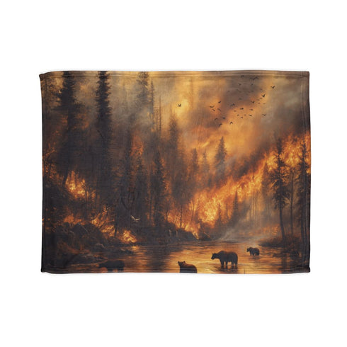 Dramatic Wildfire & Forest Wildlife (Edition VII) — 50×60 Plush Throw Blanket — Full Spread Plush Fleece Artwork View
