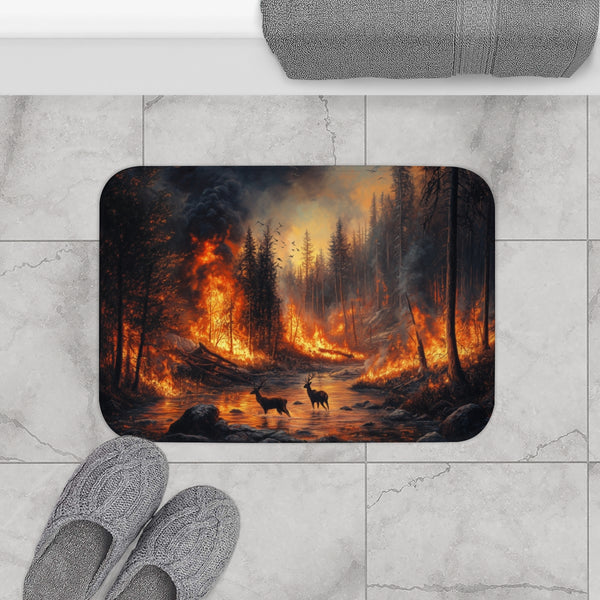 Dramatic Wildfire & Forest Wildlife (Edition VIII) — 61×43 Memory Foam Bath Mat — Modern Bathroom Floor Lifestyle View