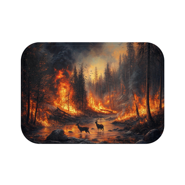 Dramatic Wildfire & Forest Wildlife (Edition VIII) — 61×43 Memory Foam Bath Mat — Top-Down Velvet Microfibre Artwork View