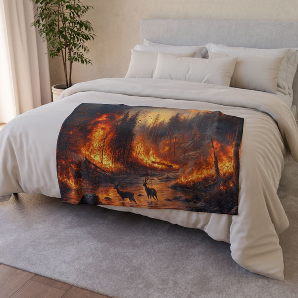 Dramatic Wildfire & Forest Wildlife (Edition VIII) — 50×60 Plush Throw Blanket — Draped Over Sofa & Bed Lifestyle View