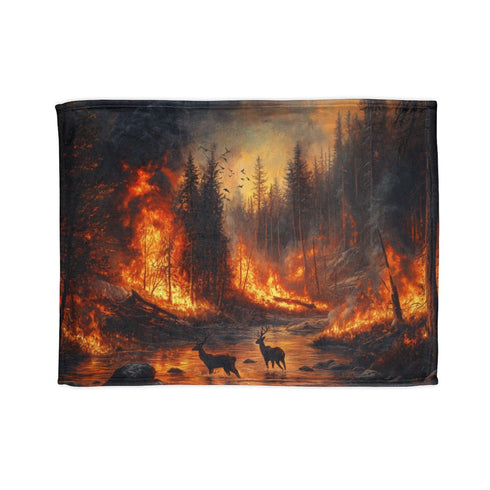 Dramatic Wildfire & Forest Wildlife (Edition VIII) — 50×60 Plush Throw Blanket — Full Spread Plush Fleece Artwork View