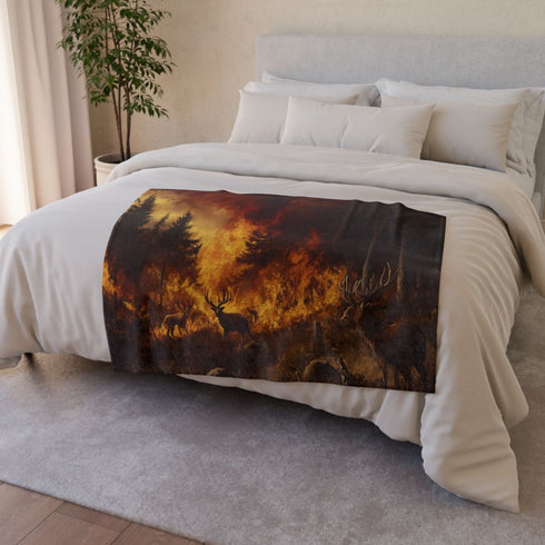 Dramatic Wildfire & Forest Wildlife — 50×60 Plush Throw Blanket — Draped Over Sofa & Bed Lifestyle View