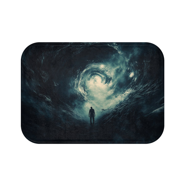 Lone Traveler in Cosmic Swirling Abyss — 61×43 Memory Foam Bath Mat — Top-Down Velvet Microfibre Artwork View