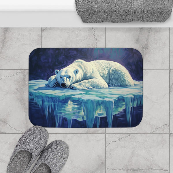 Arctic Polar Bear on Glacial Ice Floe (Edition VII) — 61×43 Memory Foam Bath Mat — Modern Bathroom Floor Lifestyle View