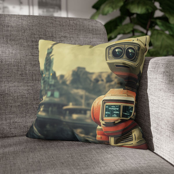 A Retro Robot in a Vintage Sci Fi Scene (Edition II) — Double-Sided Cushion Cover — Sofa & Armchair Living Room Lifestyle View