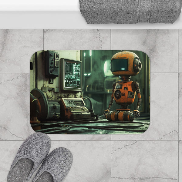 Retro Robot in Vintage Sci-Fi World (Edition II) — 61×43 Memory Foam Bath Mat — Modern Bathroom Floor Lifestyle View
