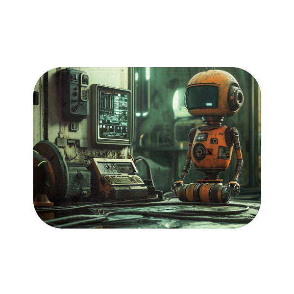 Retro Robot in Vintage Sci-Fi World (Edition II) — 61×43 Memory Foam Bath Mat — Top-Down Velvet Microfibre Artwork View
