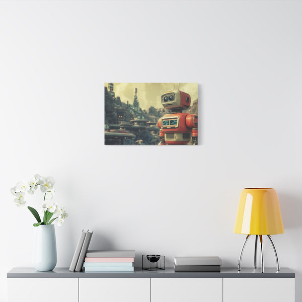 A Retro Robot in a Vintage Sci Fi Scene (Edition II) — Stretched Canvas Wall Art — Living Room Wall Lifestyle View