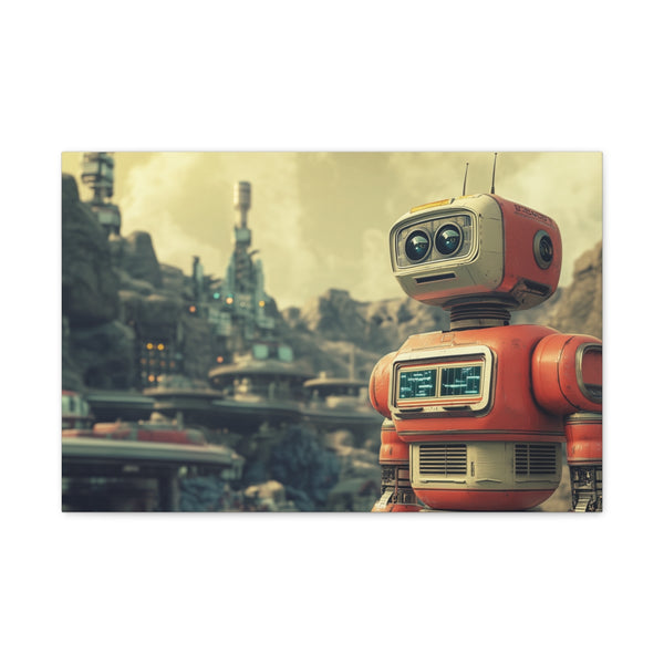 A Retro Robot in a Vintage Sci Fi Scene (Edition II) — 24×16 Canvas Wall Art — Front Gallery-Wrapped Canvas View